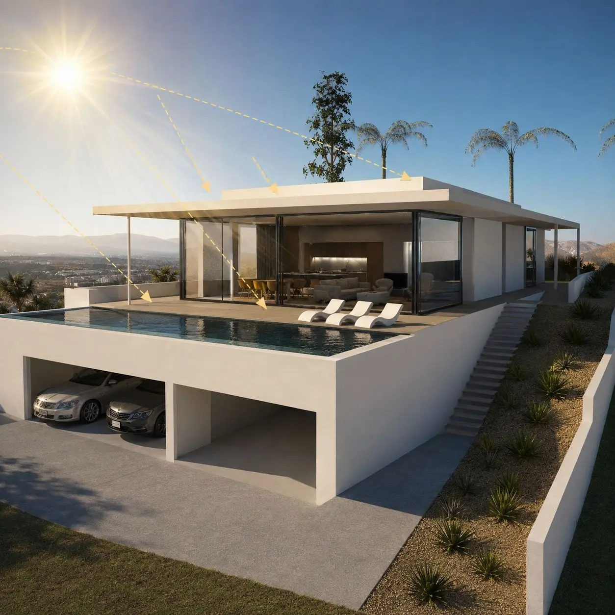 Radiación solar sobre una vivienda con grandes ventanales en Alicante