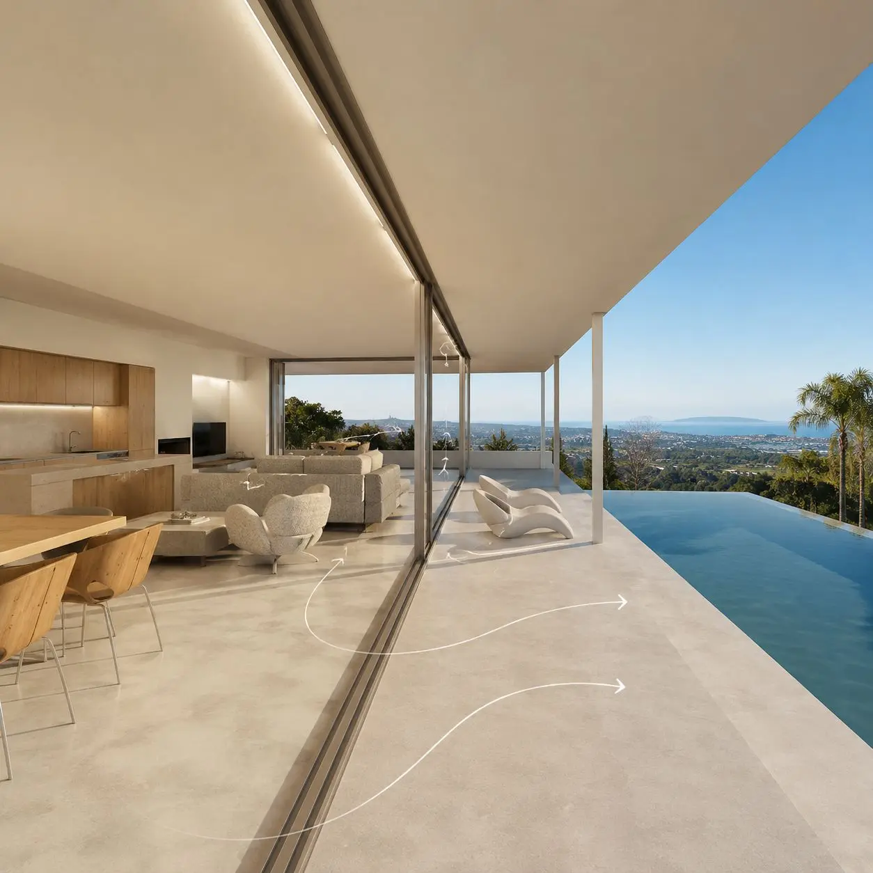 Salón abierto a la terraza y la piscina, con continuidad entre interior y exterior