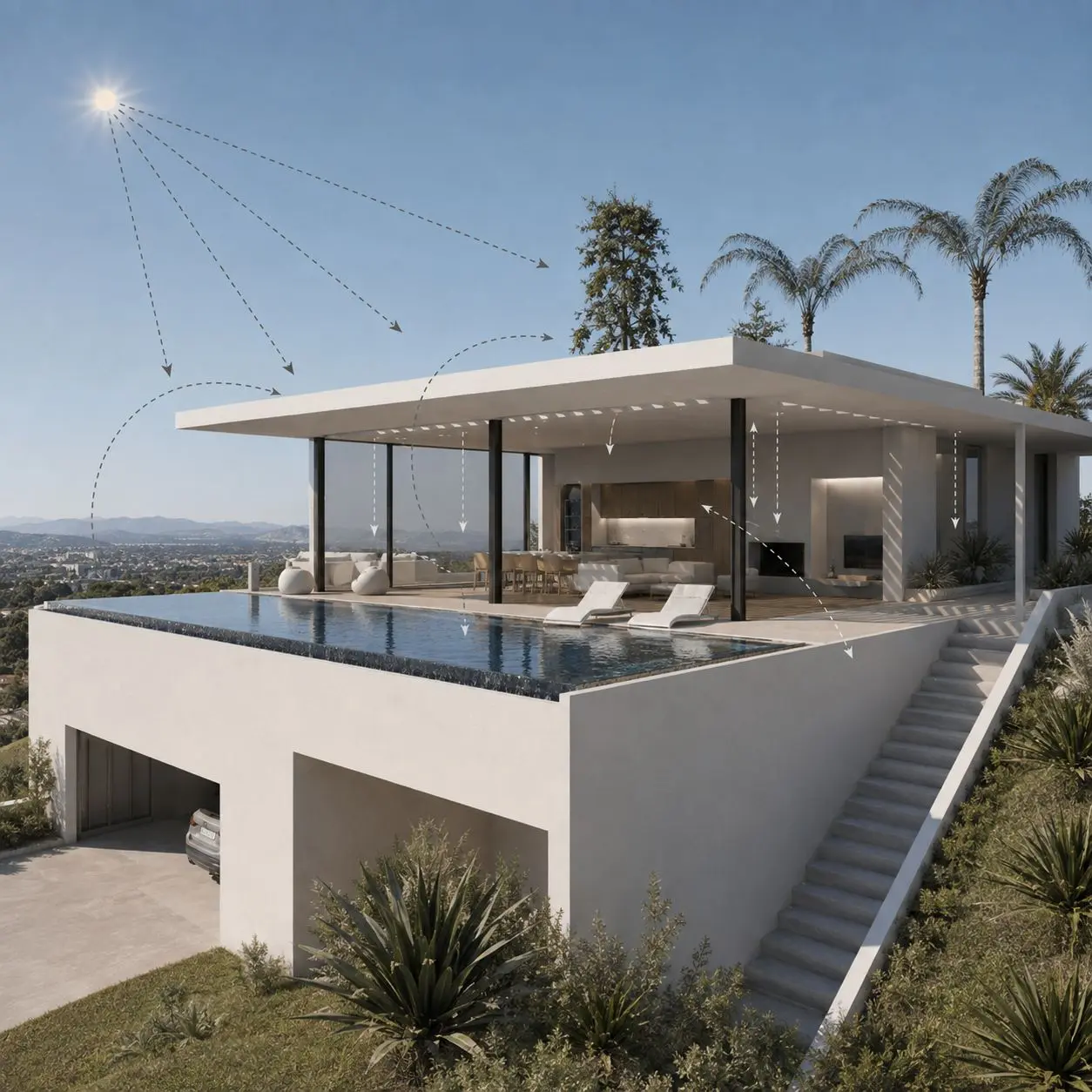 Voladizo que protege del sol la fachada acristalada y la terraza de una vivienda