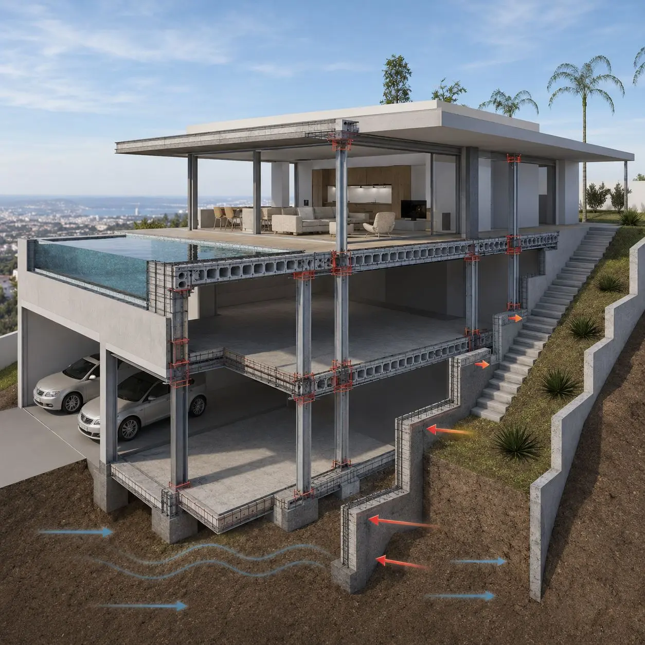 Sección de la estructura y la cimentación de una vivienda en ladera